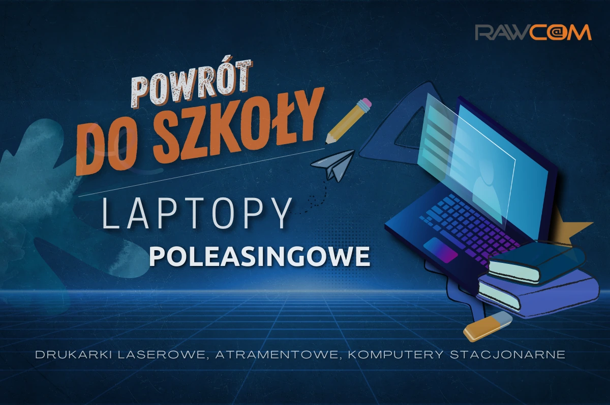 Powrót do szkoły – laptopy poleasingowe. Ilustracja: otwarty laptop, ołówek, papierowy samolot i książki na granatowym tle (RAWCOM).